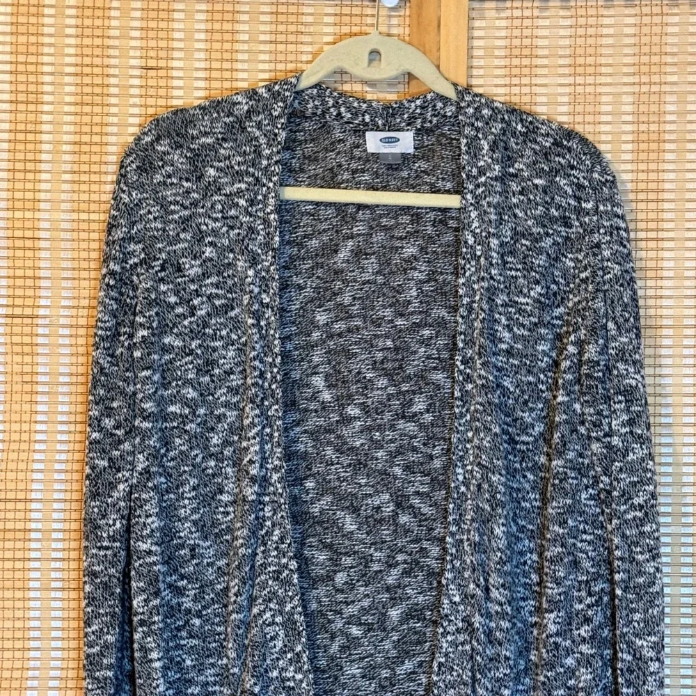 Old Navy Womens Large Black White Marled Knit Open Front Cardigan Sweater Cotton